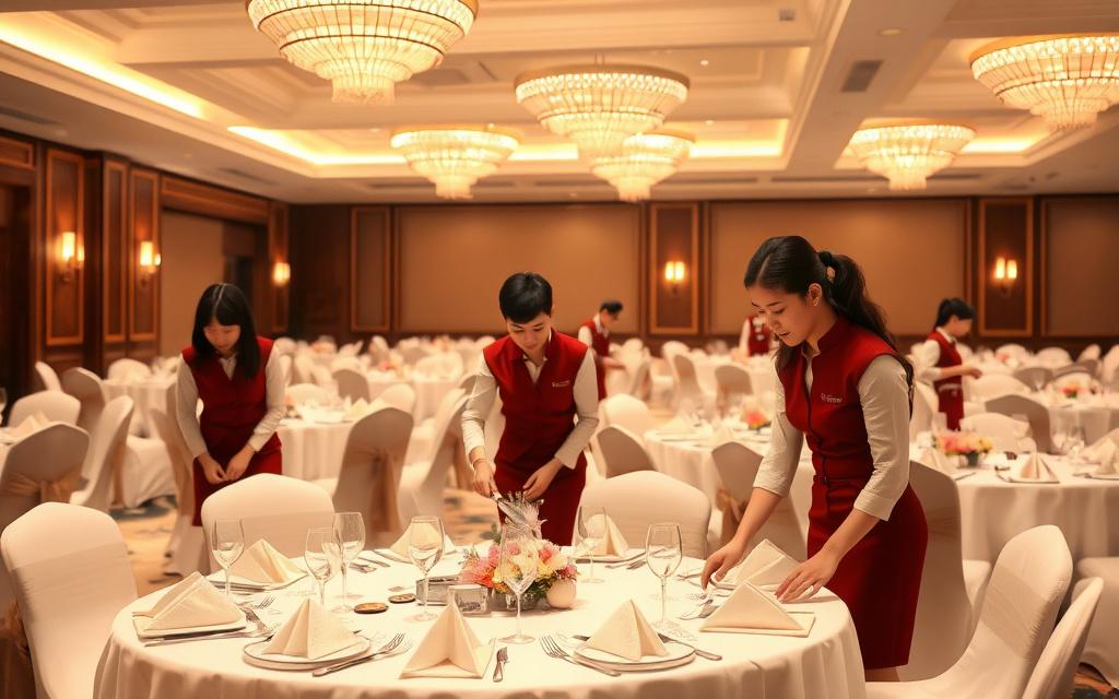 Hospitality students preparing a banquet hall during practical class