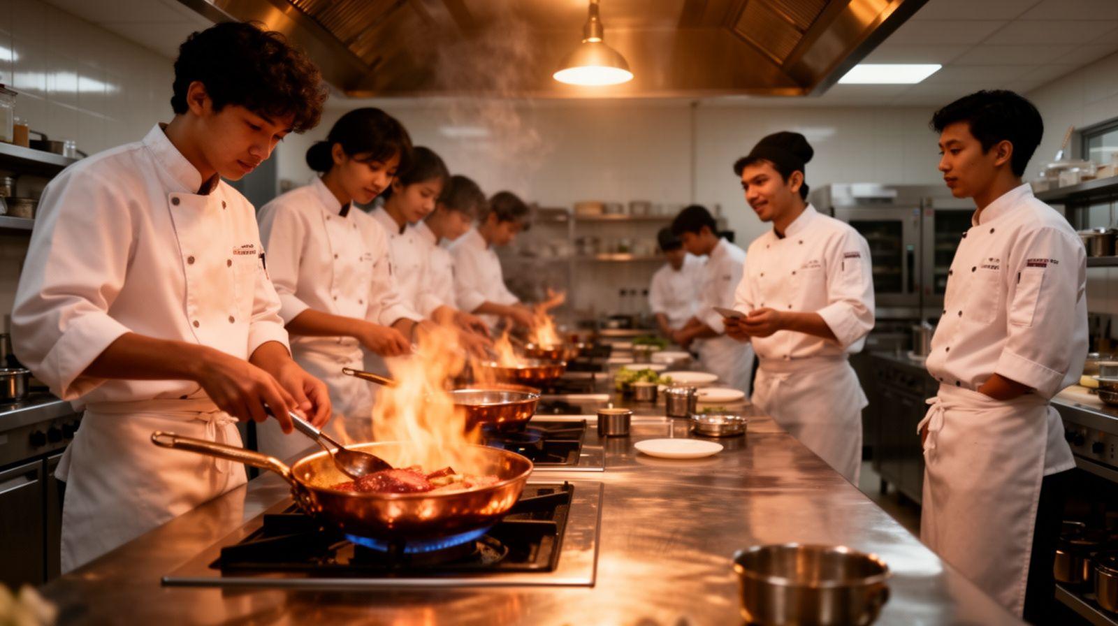 Culinary students searing food in copper pans at a Malaysian training kitchen