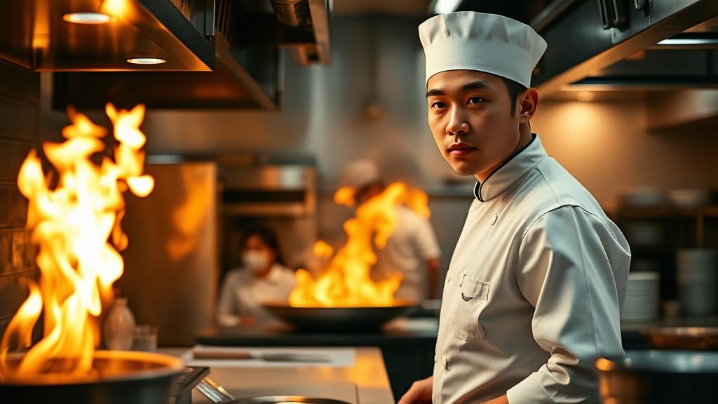 Young commis chef working the line in a professional kitchen