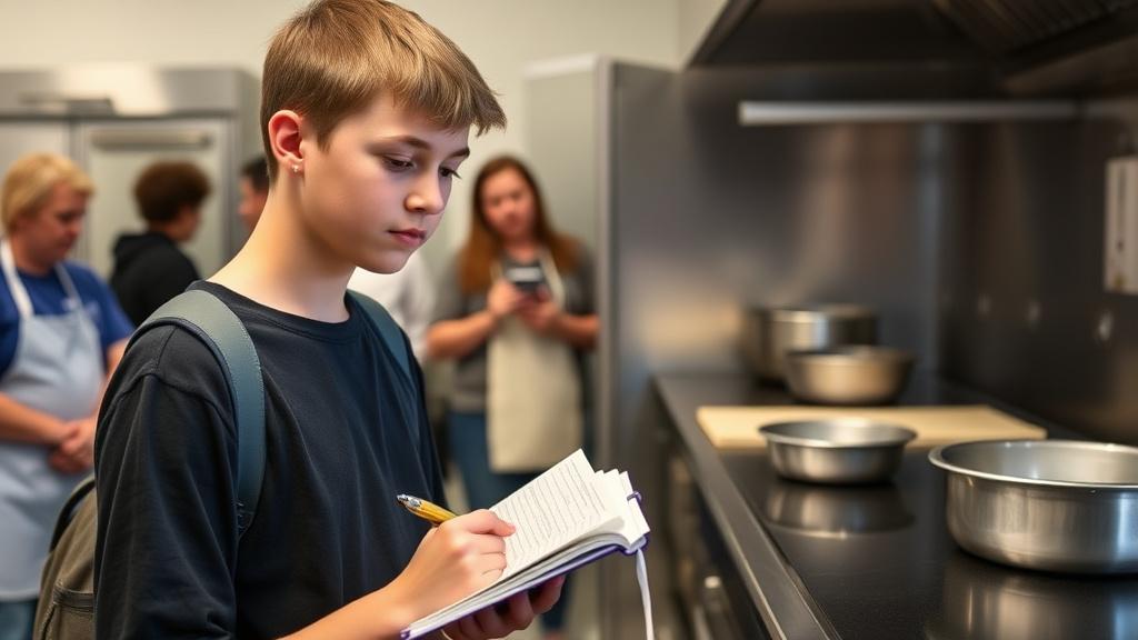 Student writing notes during a culinary school kitchen tour