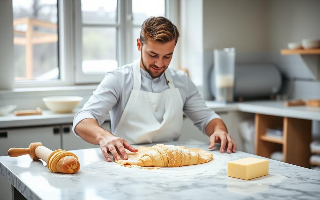 Baker laminating croissant dough on a marble bench