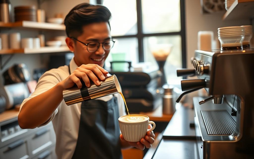 Barista pouring latte art in a specialty coffee bar