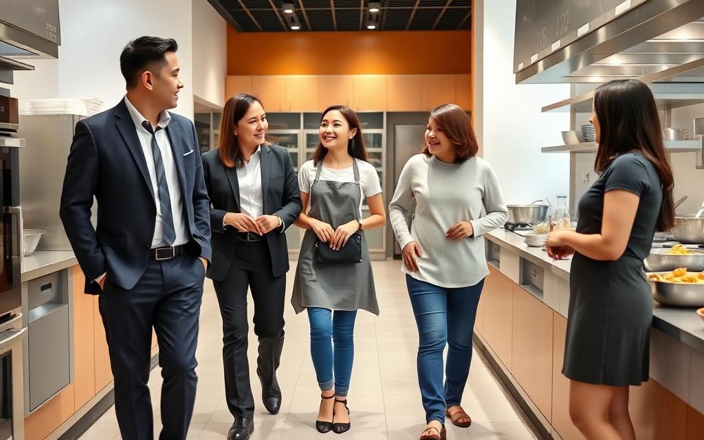 ChefCare advisor touring a training kitchen with a student and parent