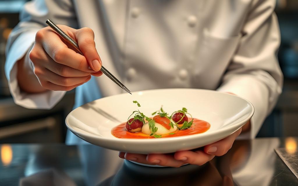 Chef plating a fine-dining dish with tweezers